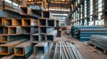 A stack of steel pipes rising like a modern sculpture in a warehouse, ready for construction projects Royalty Free Stock Photo