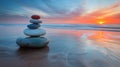 A stack of stones on the beach at sunset, AI Royalty Free Stock Photo