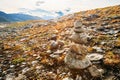 Stack Of Stones On Norwegian Mountain, Norway Nature. Travel And