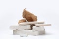 Stack stones platform podium and kraft paper on gray light copy spase background. Minimal empty display product presentation scene