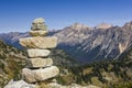 Stack of stones rocks trail marker cairn in the mountains, North Cascades National Park, Washington State. Hiking, wilderness,