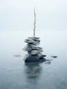 Stack of stones in shallow water on the seaside. Pebble cairn, landmark, stone stack in a calm misty ocean. Generative AI Royalty Free Stock Photo