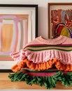 A stack of striped knit sweaters displayed on an interior shelf next to a work of art Royalty Free Stock Photo