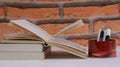 Stack of study books with red pen and pencil holder, on brick wall background in zoom Royalty Free Stock Photo