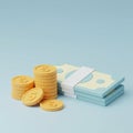 Stack of stylized currency and coins on a light blue background. The coins are yellow Royalty Free Stock Photo
