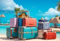 A stack of suitcases arranged on the tropical beach. Suitable for travel concepts, luggage handling, airport scenes, and vacation Royalty Free Stock Photo