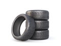 Stack of summer tires on a white background.