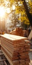 Stack of Sustainable Wooden Planks at Construction Site Eco-Friendly Building Material Emphasized Royalty Free Stock Photo