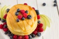 Stack of Sweet Pancakes with Fresh Blueberry, Raspberry, Apple and Maple Syrup on White Light Background, Top View