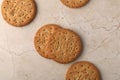 Stack of sweetmeal digestive biscuits closeup of a pile of biscuits on a texture background Royalty Free Stock Photo