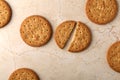 Stack of sweetmeal digestive biscuits closeup of a pile of biscuits on a texture background