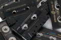 Stack of Tape casettes background. Top view close-up