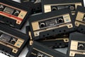 Stack of Tape casettes background. Top view close-up