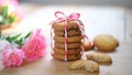 Stack of tasty choc chip cookies on wooden table Royalty Free Stock Photo