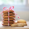 Stack of tasty choc chip cookies on wooden table Royalty Free Stock Photo