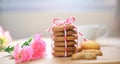 Stack of tasty choc chip cookies on wooden table Royalty Free Stock Photo