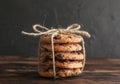 Stack of tasty chocolate chip cookies on wooden table Royalty Free Stock Photo