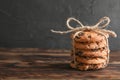 Stack of tasty chocolate chip cookies on wooden table Royalty Free Stock Photo