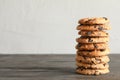 Stack of tasty chocolate chip cookies on wooden table Royalty Free Stock Photo