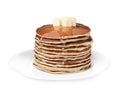 Stack of tasty pancakes with butter and honey on white background Royalty Free Stock Photo