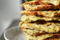 Stack of tasty squash waffles on plate, closeup