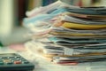 Stack of tax forms and documents with calculator on desk Royalty Free Stock Photo
