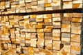 Stack of teak wood in lumber yard. pile Wooden