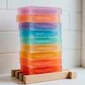 Stack of ten rectangular, translucent soap bars in vibrant colors arranged in a gradien Royalty Free Stock Photo
