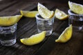 Stack of tequila with salt and lemon on a wooden background Royalty Free Stock Photo