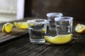 Stack of tequila with salt and lemon on a wooden background Royalty Free Stock Photo