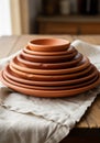 A stack of terracotta plates and bowls sits on a wooden table, placed on a folded, Royalty Free Stock Photo