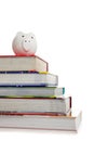 Stack Of Textbooks With A White Piggy Bank