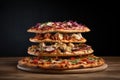 stack of thin-crust pizzas with various toppings, each pizza distinctively different Royalty Free Stock Photo