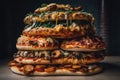 stack of thin-crust pizzas with various toppings, each pizza distinctively different Royalty Free Stock Photo