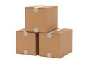 Stack of three brown cardboard boxes on white background Royalty Free Stock Photo