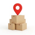 Stack of Cardboard Shipping Boxes Topped with a Red Location Pin Icon on White Background Royalty Free Stock Photo