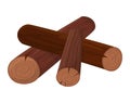 Stack of three brown logs with visible tree rings. Lumber wooden texture, cartoon firewood logs vector illustration