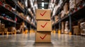 Stacked cardboard boxes with red checkmarks in warehouse aisle symbolizing order fulfillment, AI generated Royalty Free Stock Photo