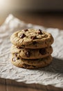 A stack of three chocolate chip cookies rests on crumpled parchment paper. Each Royalty Free Stock Photo