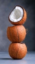 A stack of three coconuts sitting on top of each other Royalty Free Stock Photo