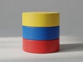 Stack of three colorful cylindrical objects on a plain surface Royalty Free Stock Photo