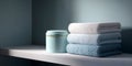 Stack of three folded towels in pastel colors next to a light blue cylindrical container on a white shelf against a soft blue wall Royalty Free Stock Photo