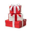 Stack of Three Red and White Gift Boxes Tied with White and Red Ribbons Royalty Free Stock Photo