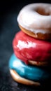 Stack of three glazed donuts close up view of colorful pastries Royalty Free Stock Photo