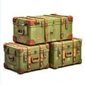 Stack of three green trunks with leather straps and metal clasps Royalty Free Stock Photo