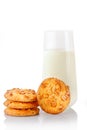 Stack of three homemade peanut butter cookies, single cookie and glass of milk