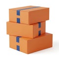 Stack of Three Orange Cardboard Shipping Boxes Secured with Blue Tape on a White Background Royalty Free Stock Photo