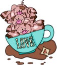 Stack of three piggies in love cup of tea Royalty Free Stock Photo