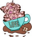 Stack of three piggies in love cup of tea