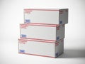Stack of three priority express shipping boxes with barcodes and labels on a plain background Royalty Free Stock Photo